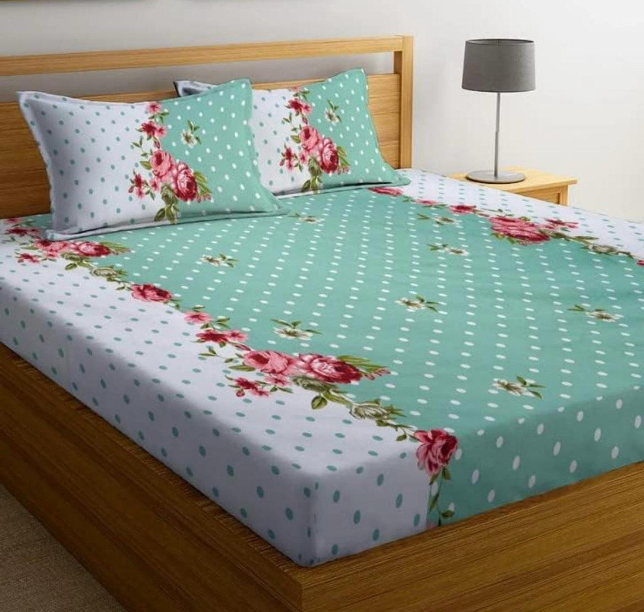 Kashyapa Rugs Microfiber Double, King, Queen Self Design Fitted (Elastic) Bedsheet (Pack of 1 Bedsheet + 2 Pillow Covers, GREENDOT12)