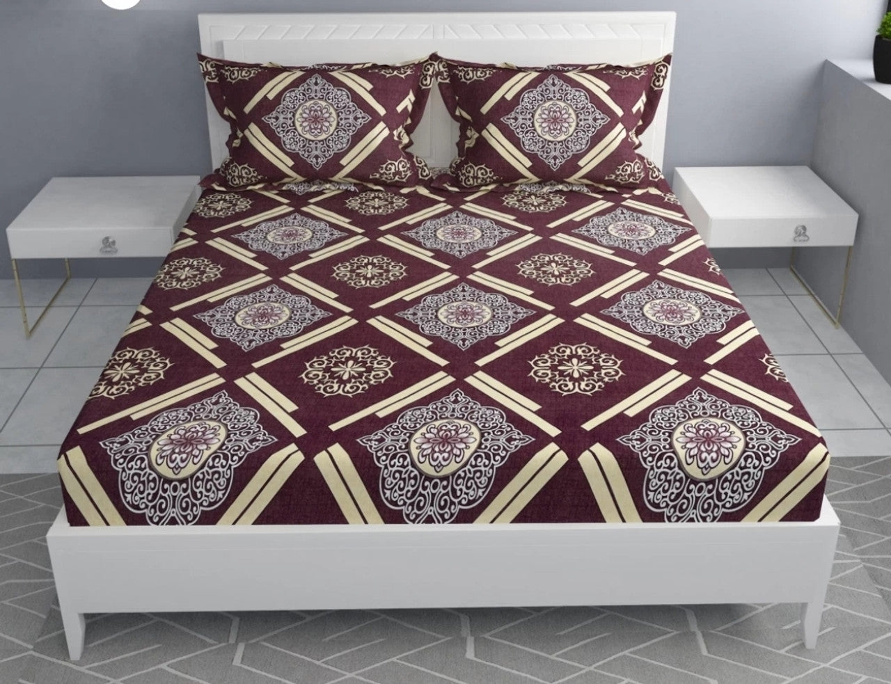 Kashyapa Rugs Microfiber King Floral Fitted (Elastic) Bedsheet   (Pack of 1 Bedsheet + 2 Pillow Covers, Brown)