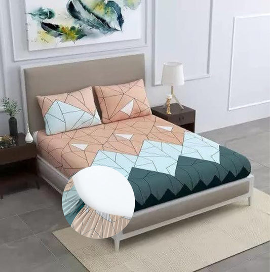 Kashyapa Rugs Cotton Double Printed Fitted (Elastic) Bedsheet  (Pack of 1 Bedsheet + 2 Pillow Covers,  Blue, White)