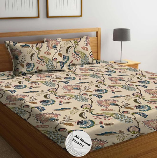 Kashyapa Rugs Cotton Double Printed Fitted (Elastic) Bedsheet (Pack of 1 Bedsheet + 2 Pillow Covers, browen, pata)