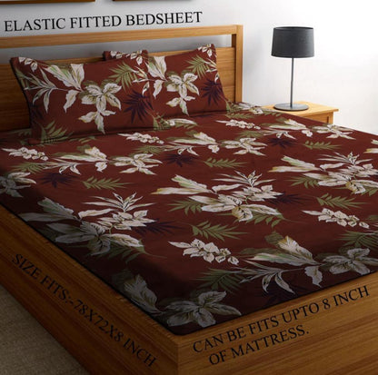 Kashyapa Rugs Cotton Double Floral Fitted (Elastic) Bedsheet  (Pack of 1 Bedsheet + 2 Pillow Covers, FLOWER
