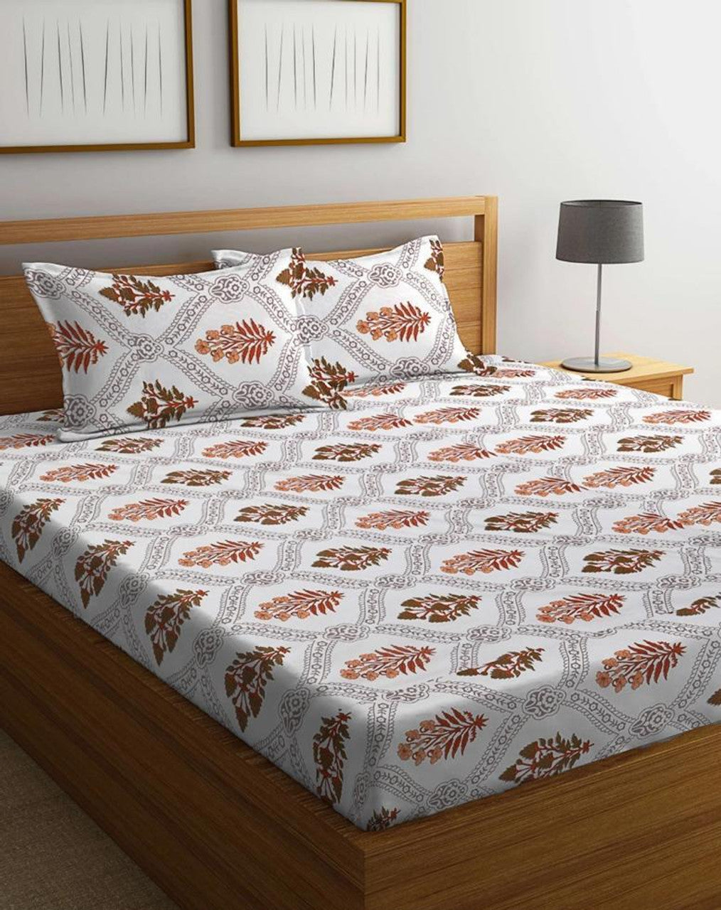Kashyapa Rugs Cotton Double Floral Fitted (Elastic) Bedsheet (Pack of 1 Bedsheet + 2 Pillow Covers, GOLDEN
