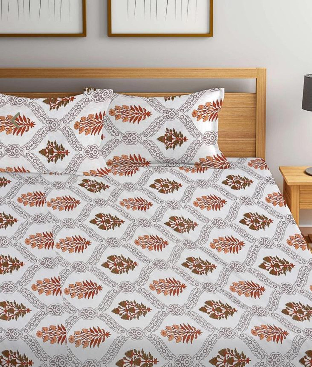 Kashyapa Rugs Cotton Double Floral Fitted (Elastic) Bedsheet (Pack of 1 Bedsheet + 2 Pillow Covers, GOLDEN