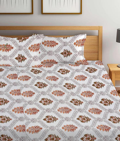 Kashyapa Rugs Cotton Double Floral Fitted (Elastic) Bedsheet (Pack of 1 Bedsheet + 2 Pillow Covers, GOLDEN
