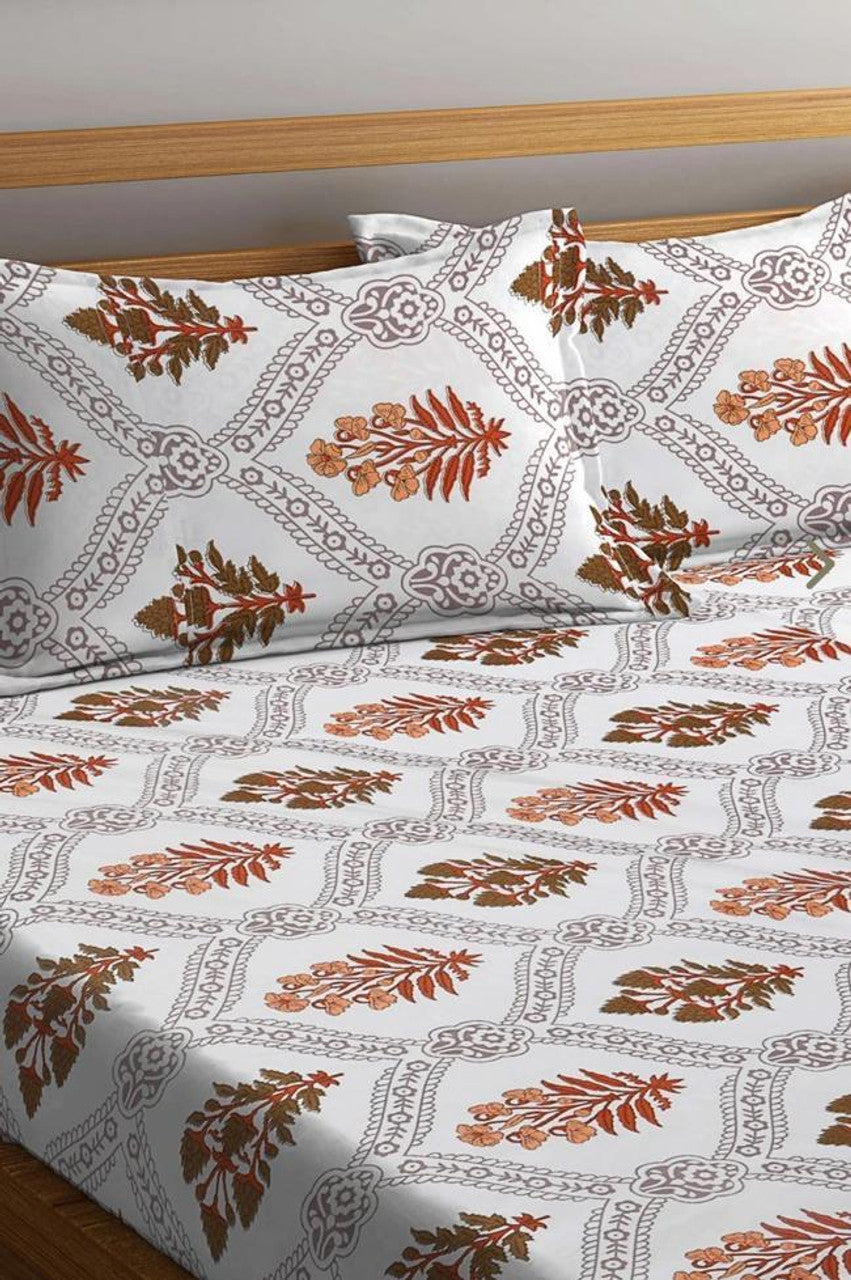 Kashyapa Rugs Cotton Double Floral Fitted (Elastic) Bedsheet (Pack of 1 Bedsheet + 2 Pillow Covers, GOLDEN