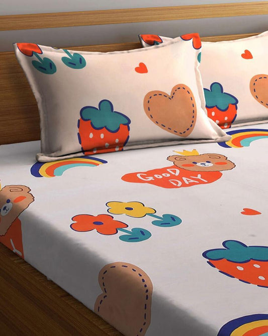 Kashyapa Rugs Cotton King Floral Fitted (Elastic) Bedsheet (Pack of 1 Bedsheet + 2 Pillow Covers, Yellow, Red)