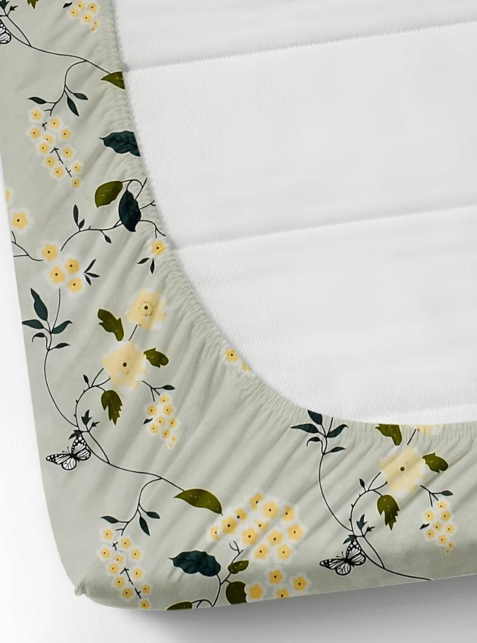 Kashyapa Rugs Microfiber King Printed Fitted (Elastic) Bedsheet  (Pack of 1 Bedsheet + 2 Pillow Covers, Green, flower)