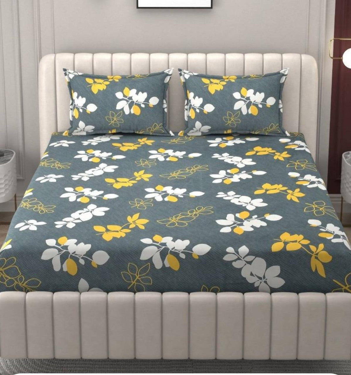 Kashyapa Rugs Microfiber King Printed Fitted (Elastic) Bedsheet  (Pack of 1 Bedsheet + 2 Pillow Covers, grey yellow)