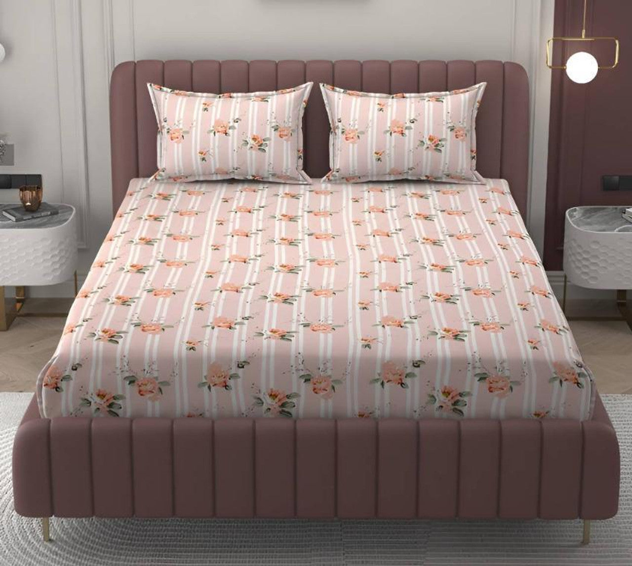 Kashyapa Rugs Microfiber King Printed Fitted (Elastic) Bedsheet  (Pack of 1 Bedsheet + 2 Pillow Covers, pink flower)