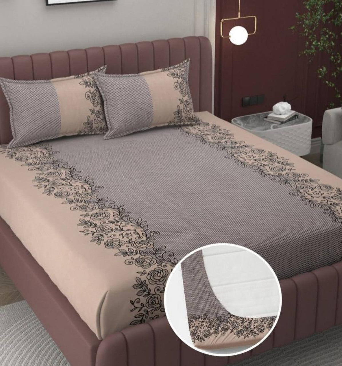 Kashyapa Rugs Microfiber Queen Printed Fitted (Elastic) Bedsheet  (Pack of 1 Bedsheet + 2 Pillow Covers, Multicolor, Brown)