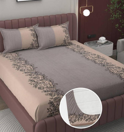 Kashyapa Rugs Microfiber Queen Printed Fitted (Elastic) Bedsheet  (Pack of 1 Bedsheet + 2 Pillow Covers, Multicolor, Brown)