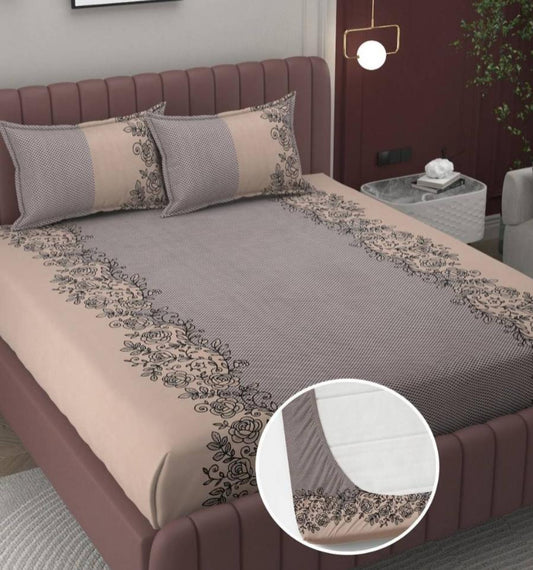 Kashyapa Rugs Microfiber Queen Printed Fitted (Elastic) Bedsheet  (Pack of 1 Bedsheet + 2 Pillow Covers, Multicolor, Brown)