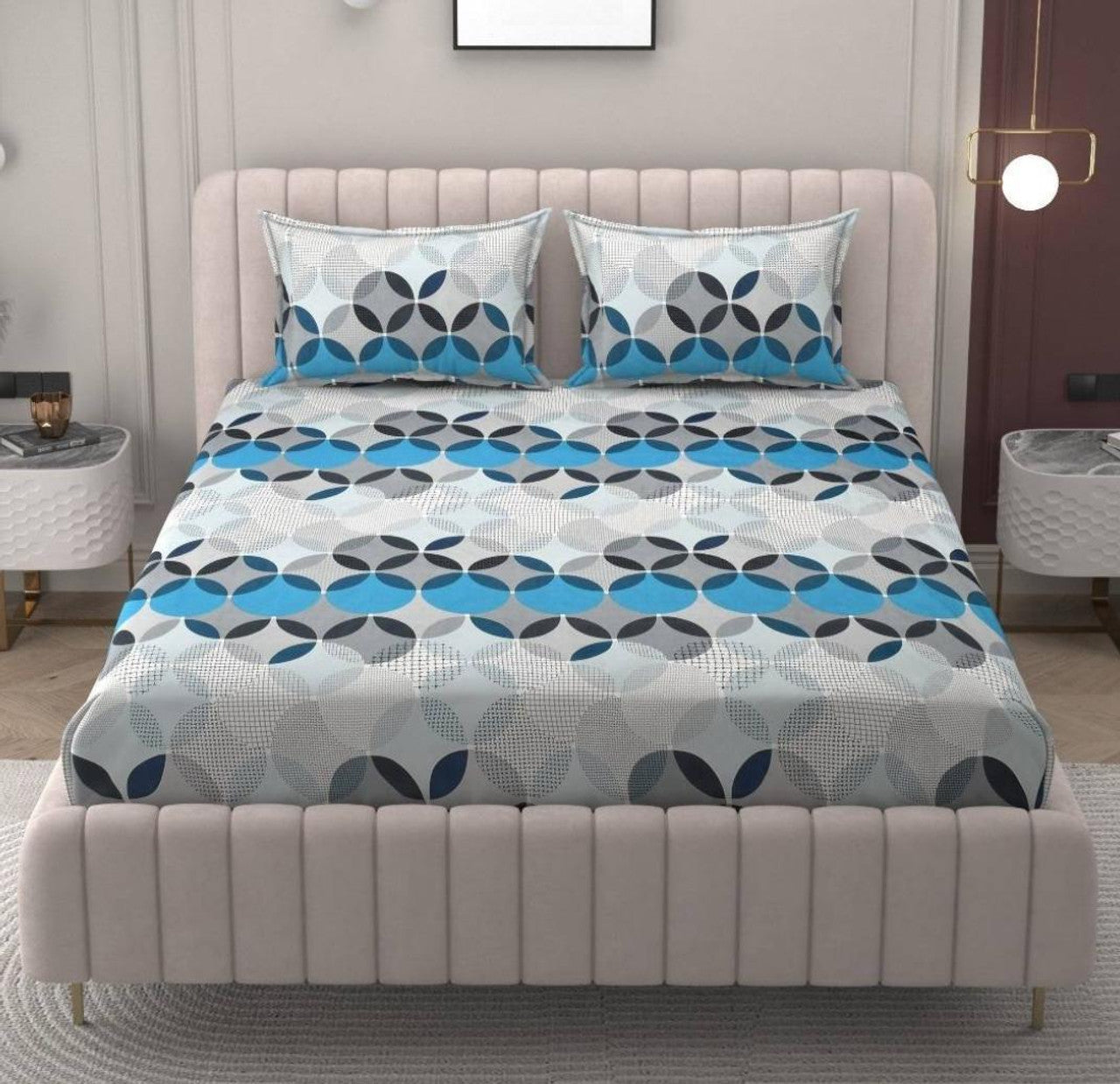 Kashyapa Rugs Microfiber Queen Striped Fitted (Elastic) Bedsheet  (Pack of 1 Bedsheet + 2 Pillow Covers, white blue, cotton bedsheet)