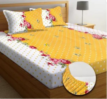 Kashyapa Rugs Microfiber Double, King, Queen Self Design Fitted (Elastic) Bedsheet (Pack of 1 Bedsheet + 2 Pillow Covers,YELLOWDOT12)