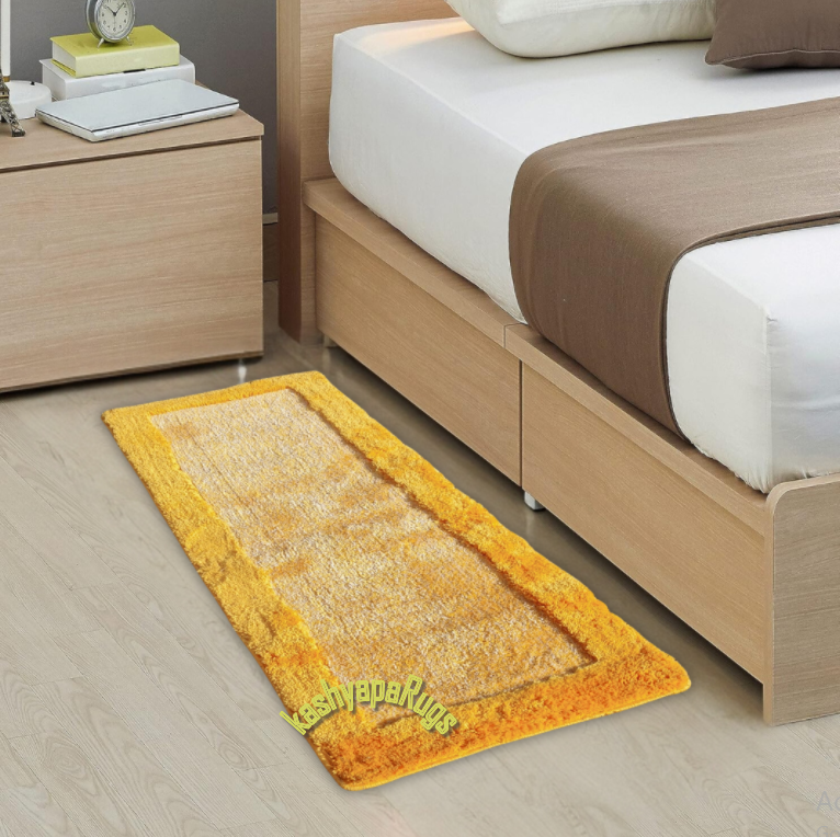 Mustard Yellow Shaggy Border Rug for Bedroom & Living Room with Anti-Skid Backing