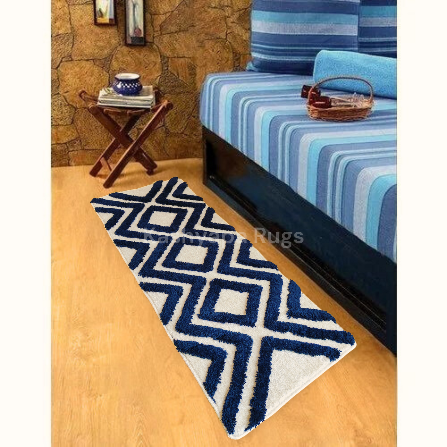 Premium soft Microfiber Bedside Runner Shaggy carpet. Ivory & Navy blue Colour