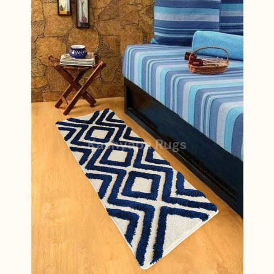 Premium soft Microfiber Bedside Runner Shaggy carpet. Ivory & Navy blue Colour