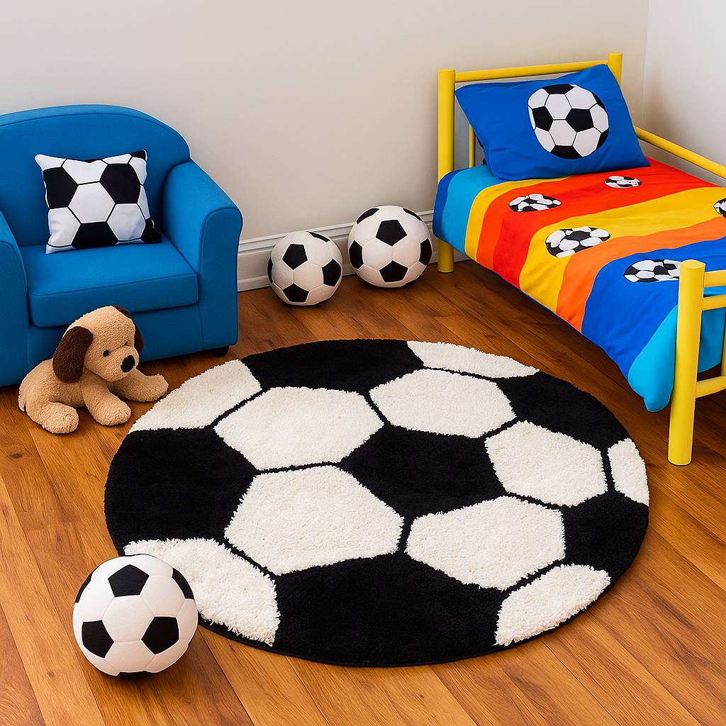 KashyapaRugs round shaggy football carpet – playful football-inspired design, soft plush shaggy texture for kids' rooms and bedrooms, anti-skid rubber backing