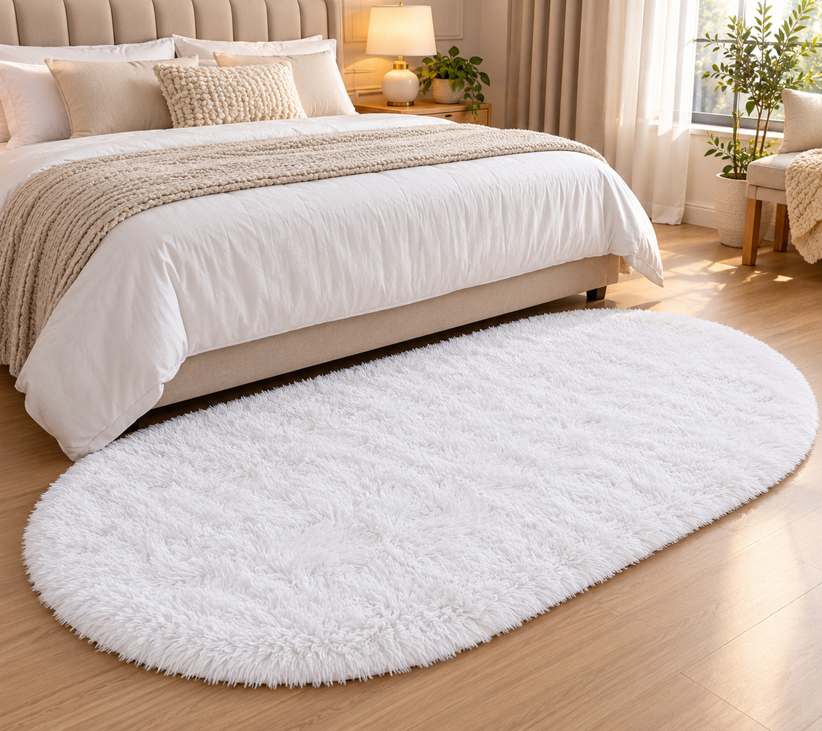 White Oval 2 Inch long Pile Premium Extra Fiber Bedside Runner - Extra Soft Feel, Anti-Skid Rubber Backing