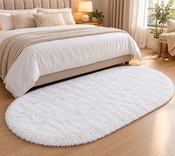 White Oval 2 Inch long Pile Premium Extra Fiber Bedside Runner - Extra Soft Feel, Anti-Skid Rubber Backing