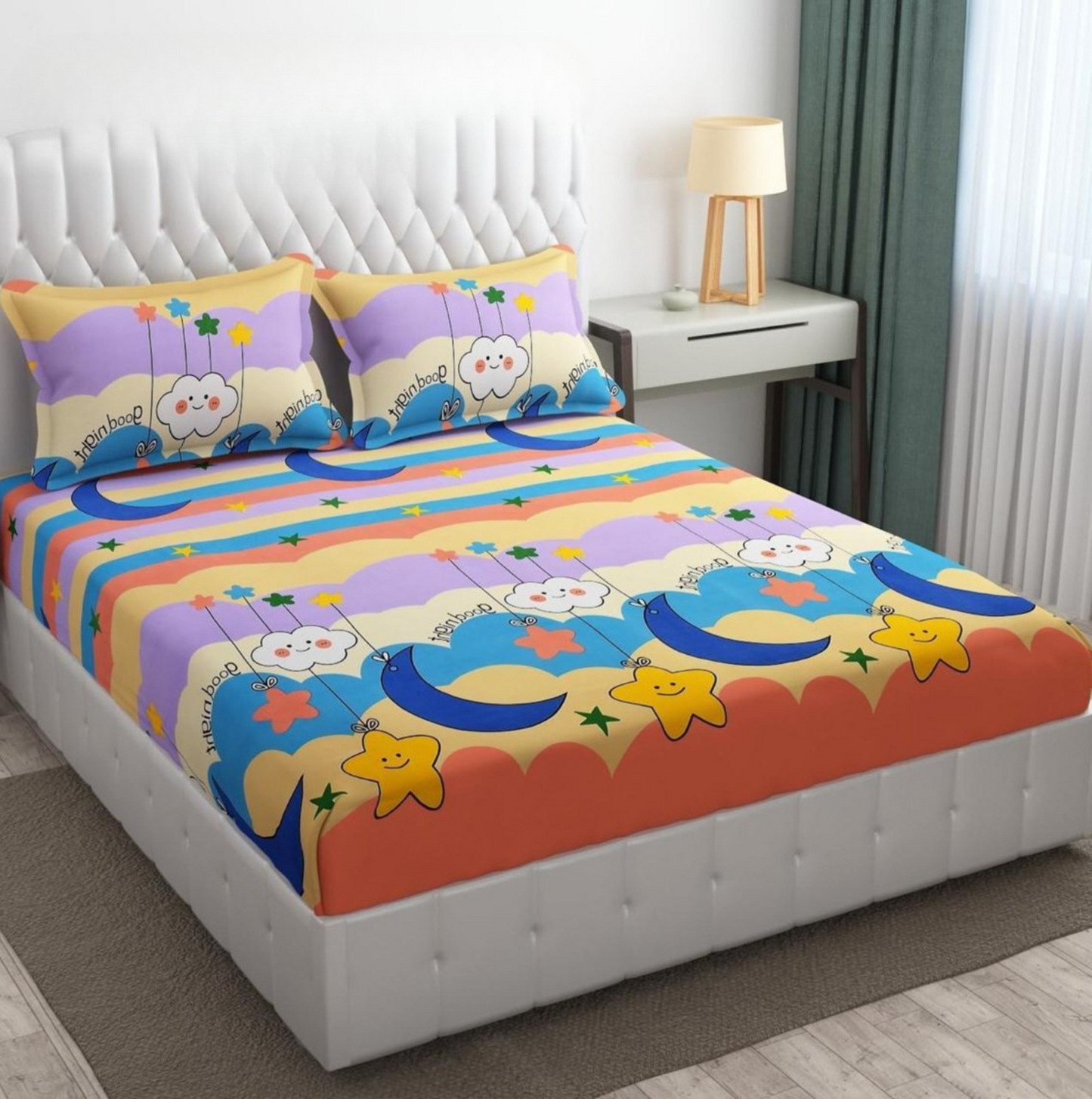 Kashyapa Rugs Cotton King Printed Fitted (Elastic) Bedsheet  ((Pack of 1 Bedsheet + 2 Pillow  GOODNIGHTE)