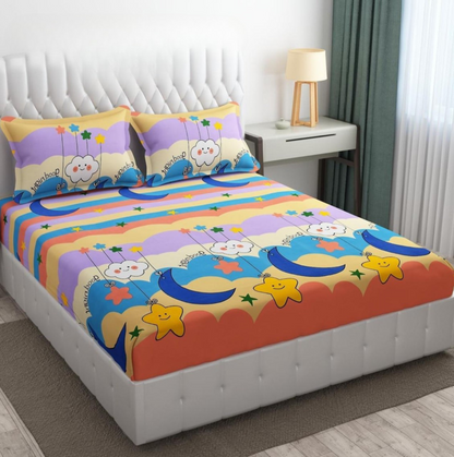 Kashyapa Rugs Cotton King Printed Fitted (Elastic) Bedsheet  ((Pack of 1 Bedsheet + 2 Pillow  GOODNIGHTE)
