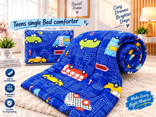 Premium Ultra-Soft Glace Cotton City 🚗 Vehicle Print Comforter – Single Bed Size 60×100 Inches for Kids