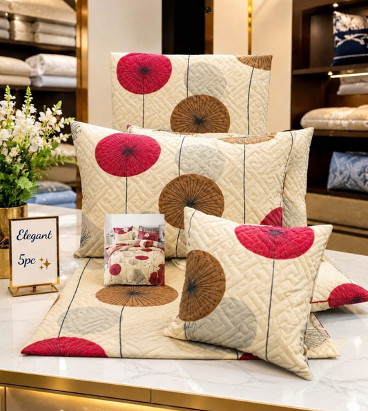 Luxury Geometric Printed 5-Piece Quilted Glace Cotton Queen Size Bedsheet Set with Cushions