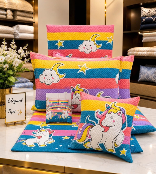 Luxury Unicorn Printed 5-Piece Quilted Glace Cotton Queen Size Bedsheet Set with Cushions