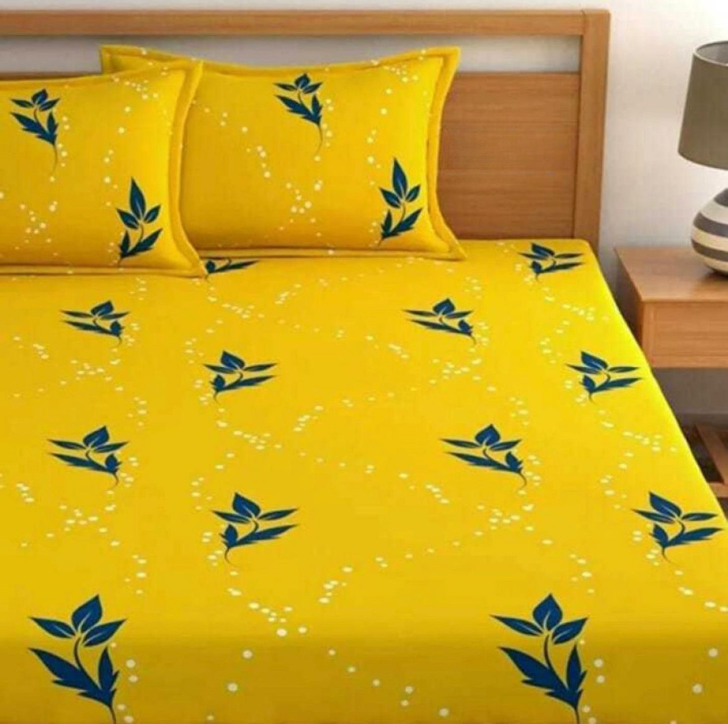 Kashyapa Rugs Cotton King Printed Fitted (Elastic) Bedsheet  (Pack of 1 Bedsheet + 2 Pillow Covers, Yellow mandir1)