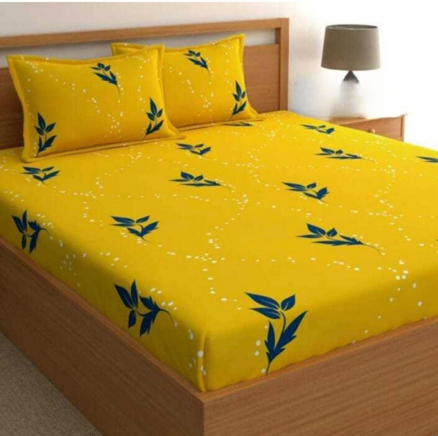 Kashyapa Rugs Cotton King Printed Fitted (Elastic) Bedsheet  (Pack of 1 Bedsheet + 2 Pillow Covers, Yellow mandir1)