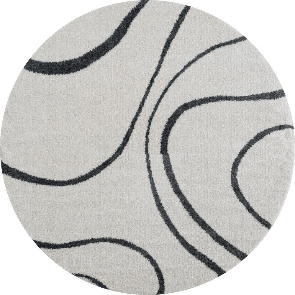 Kashyapa Rugs Collection- Ivory With Black Line Extra Soft Microfiber Round Carpet.