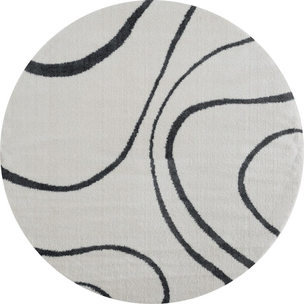 Ivory With Black Line Extra Soft Microfiber Round Carpet.