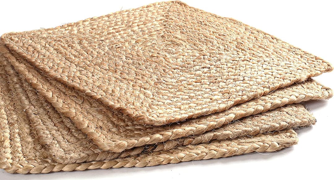 Kitchen & Dining Collection -Jute Square Hand Braided Table Mats - Set OF 6.