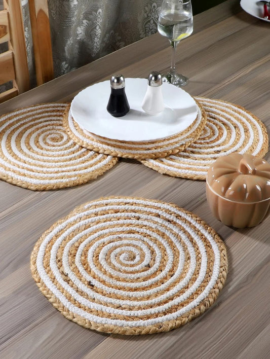 Kashyapa Rugs Collection - Kitchen & Dining Collection -White Cotton Jute Round Hand Braided Table Mats - Set OF 6.