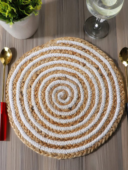 Kashyapa Rugs Collection - Kitchen & Dining Collection -White Cotton Jute Round Hand Braided Table Mats - Set OF 6.