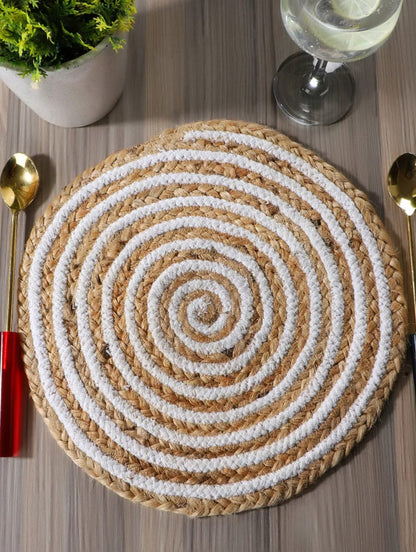 Kitchen & Dining Collection -White Cotton Jute Round Hand Braided Table Mats - Set OF 6.