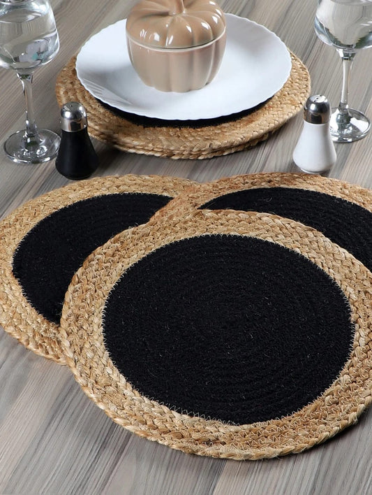 Kashyapa Rugs Collection - Kitchen & Dining Collection -Black Jute Round Hand Braided Table Mats - Set OF 6.