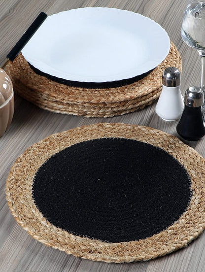Kashyapa Rugs Collection - Kitchen & Dining Collection -Black Jute Round Hand Braided Table Mats - Set OF 6.