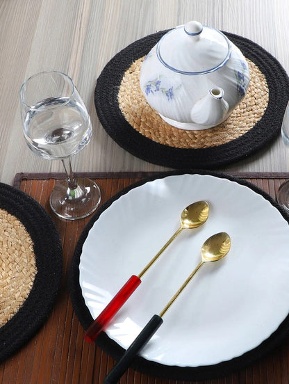 Kashyapa Rugs Collection - Kitchen & Dining Collection -Natural with Black Jute Round Hand Braided Table Mats - Set OF 6.