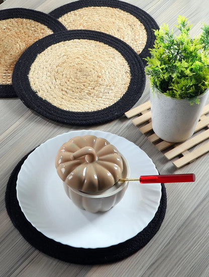 Kitchen & Dining Collection -Natural with Black Jute Round Hand Braided Table Mats - Set OF 6.