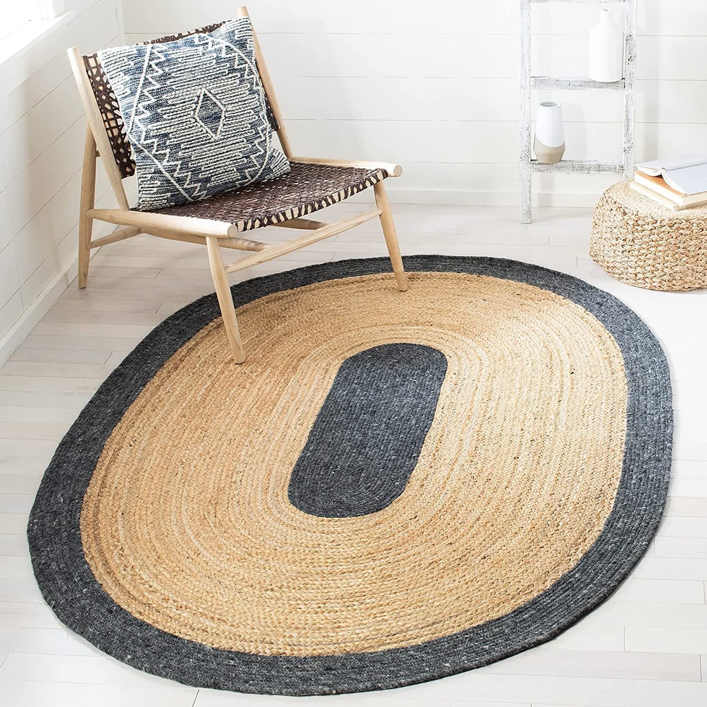 Kashyapa Rugs Collection-Black Cotton With Natural Jute Oval Area Rug.