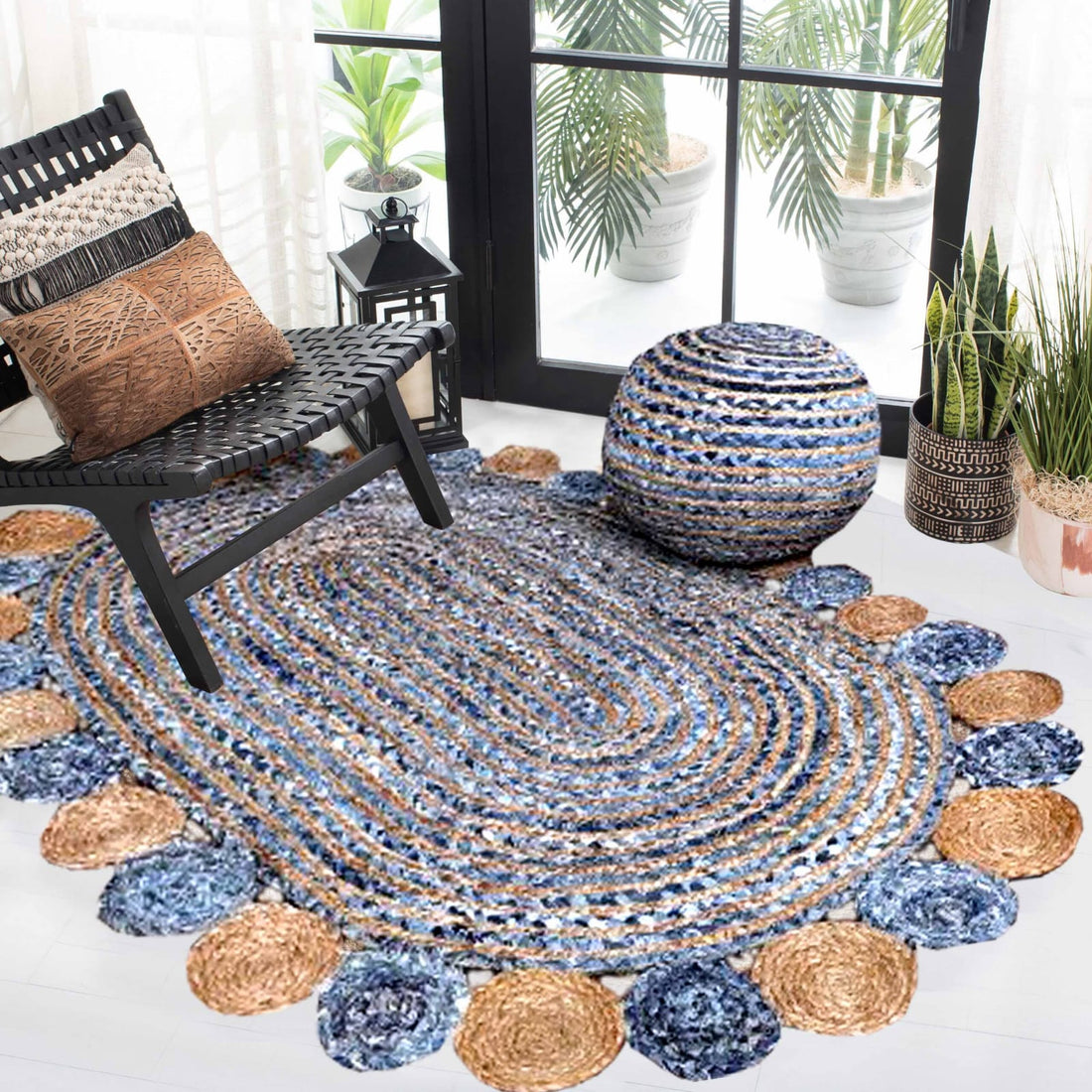 Kashyaparugs hand-braided jute and denim oval shaped rug with round tikki border – eco-friendly, multi-tonal