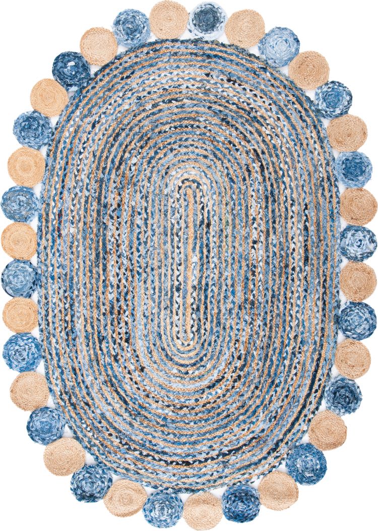 Jeans With Jute Round Tikki Oval Shaped Rug.