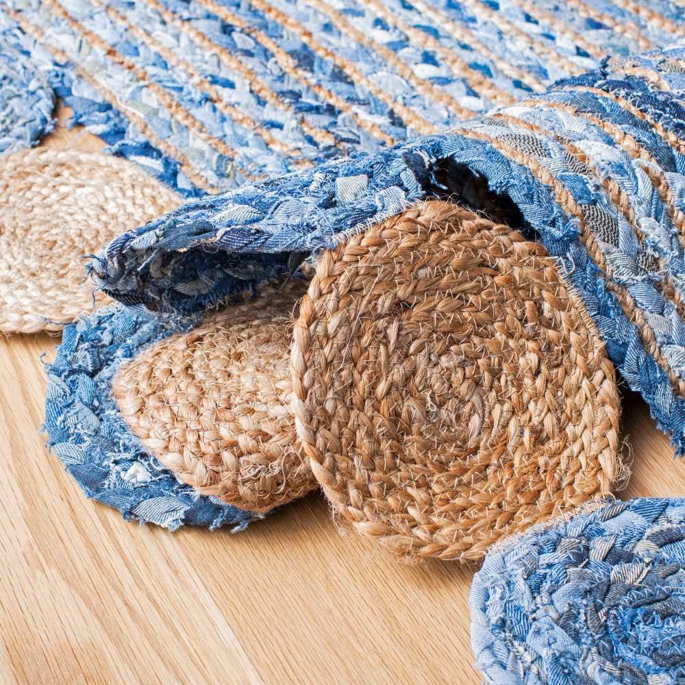 Jeans With Jute Round Tikki Oval Shaped Rug.