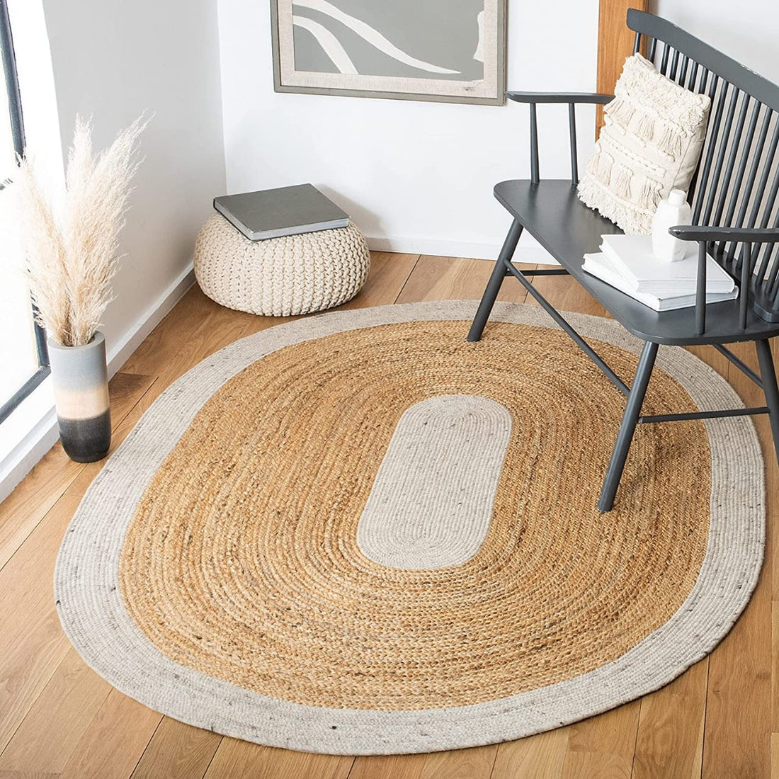 Kashyaparugs handbraided natural & white double border oval jute area rug – anti-skid, eco-friendly, multiple sizes available