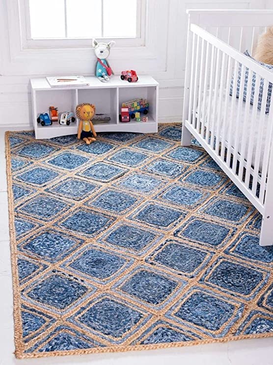 Kashyapa Rugs -Braided Natural Jute Denim Diamond Design Area carpet.