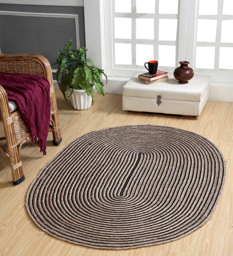 Kashyaparugs classic hand-woven natural jute with black cotton oval area rug – eco-friendly, timeless design, multiple sizes available