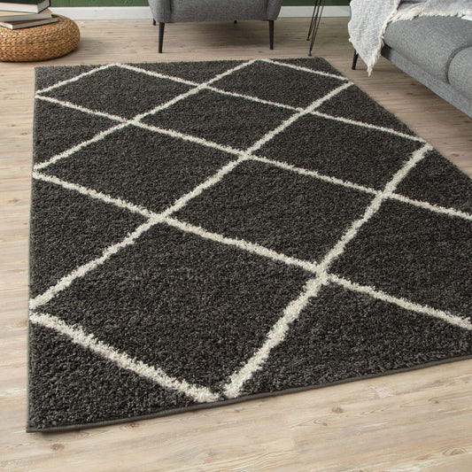 Diamond Design Shaggy Rug Black with Ivory/ Microfiber Hand tufted Carpet
