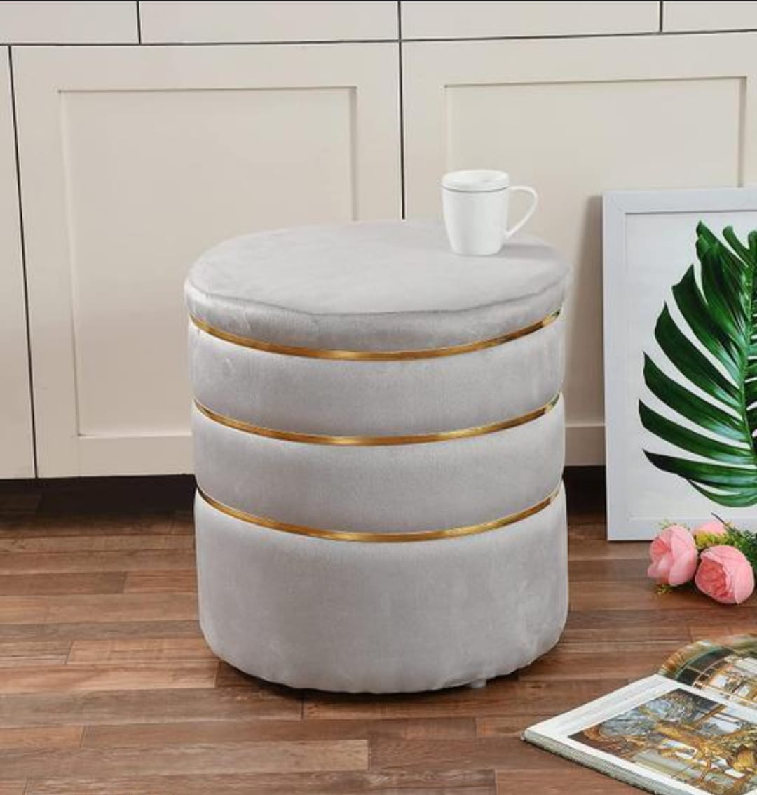 Kashyapa Rugs Collection - Presents Pouffes Stool for Living Room Sitting Furniture Wooden Velvet Puffy Stool Footrest Footstool Pouf for Home Decor, Dressing Table Stool(Multicolor) (Grey) pack of 1 pic